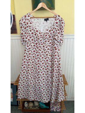 Danielle Bernstein White & Red Floral Print Midi Dress 18W Short Sleeve V-Neck B